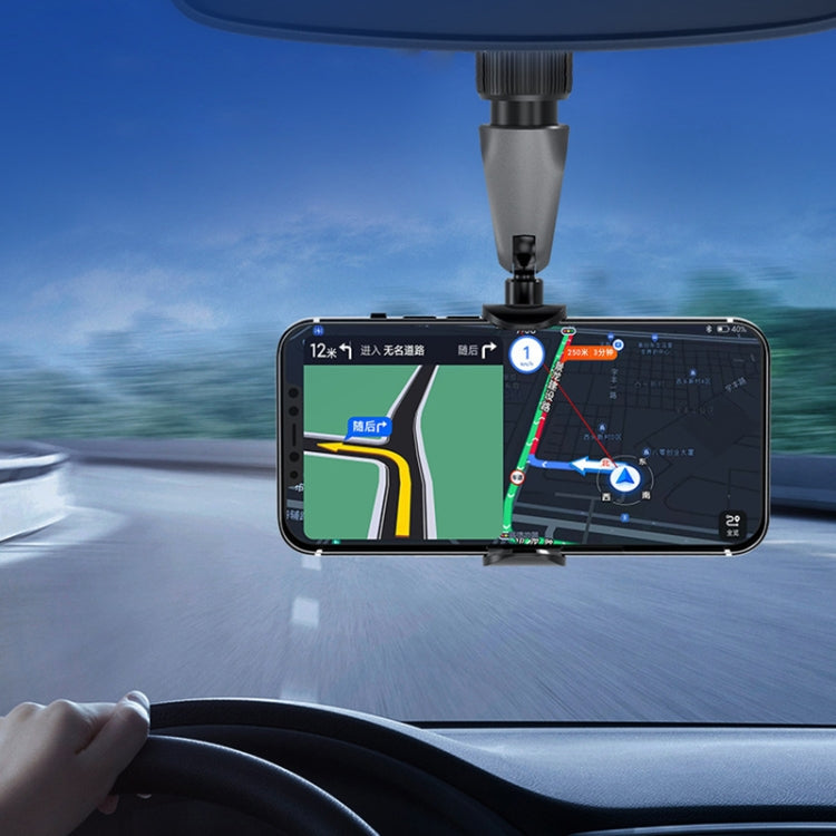 Car dashboard phone holder with rotating mount and small clip holding a smartphone