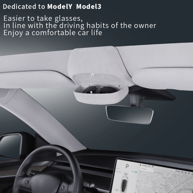 Car overhead glasses storage box near seatbelts, light gray open storage cup
