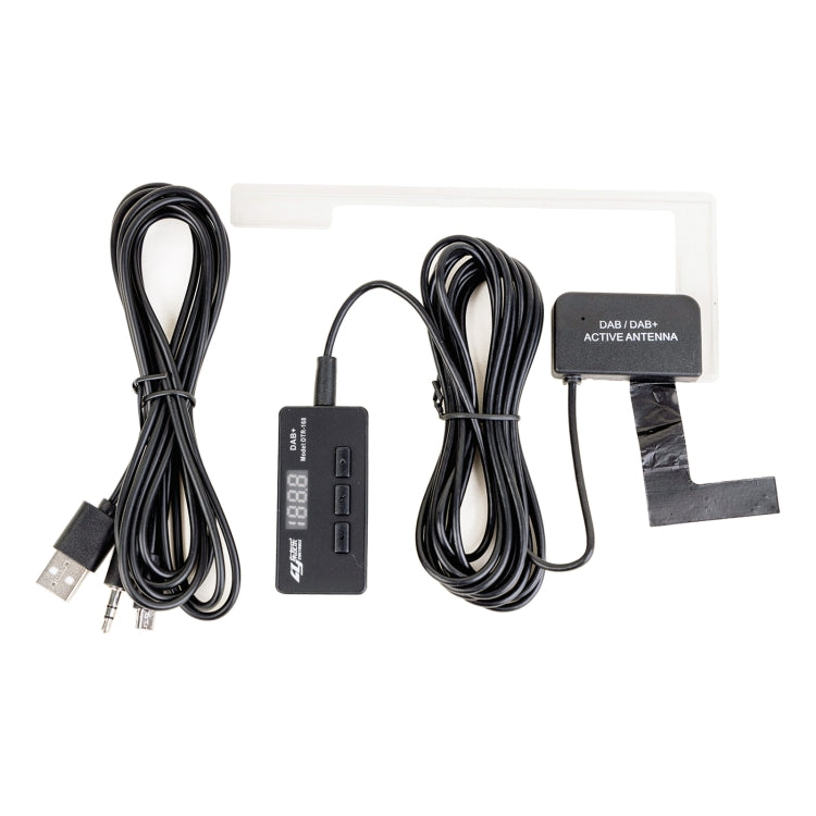 Car DAB+ receiver box kit with active antenna, USB cable, and mounting pad