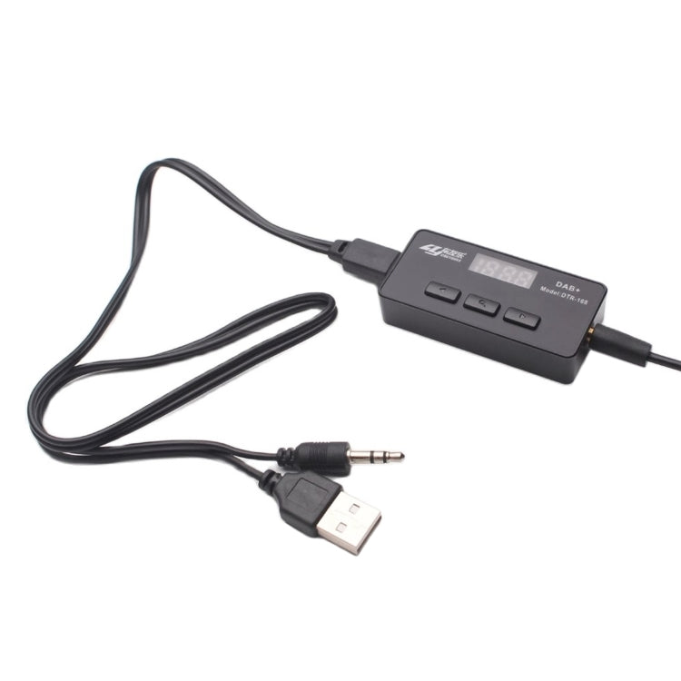 Car DAB+ receiver box with power cable and 3.5 mm audio connector