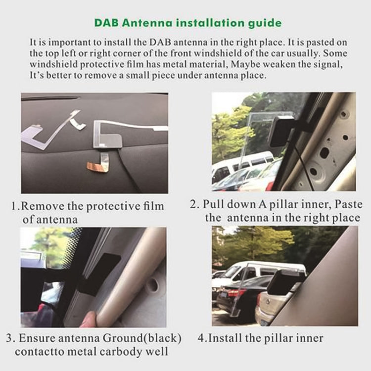 Car DAB+ antenna installation guide with numbered steps and diagrams