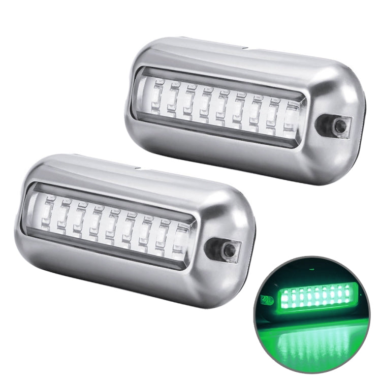 Waterproof stainless steel underwater LED light set, two fixtures with green glow detail