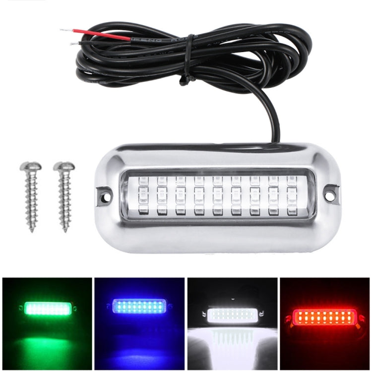 Stainless steel underwater LED light with black cable and mounting screws, multi-color glow
