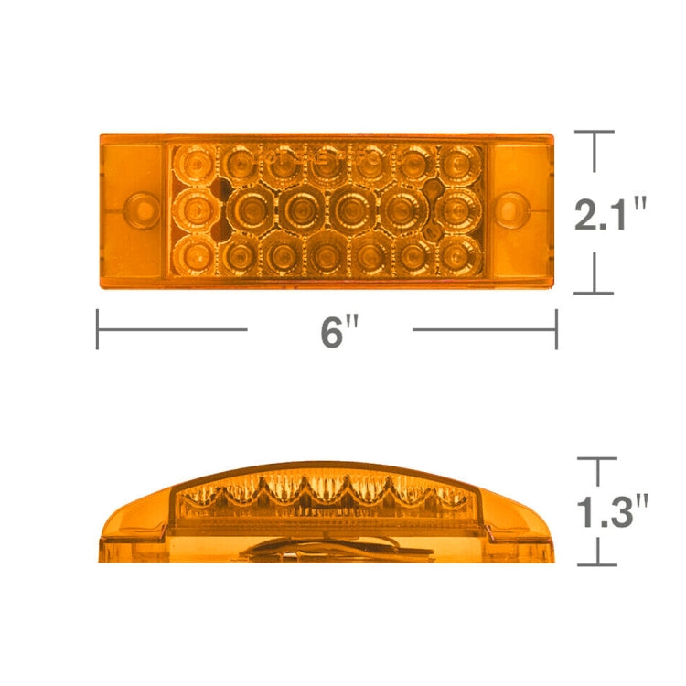 Yellow LED tail light size diagram: 6 in wide, 2.1 in tall, 1.3 in deep
