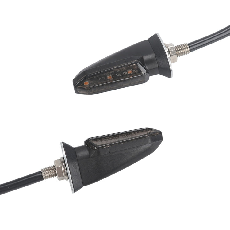 Black motorcycle LED turn signal light, side angle views with threaded connectors