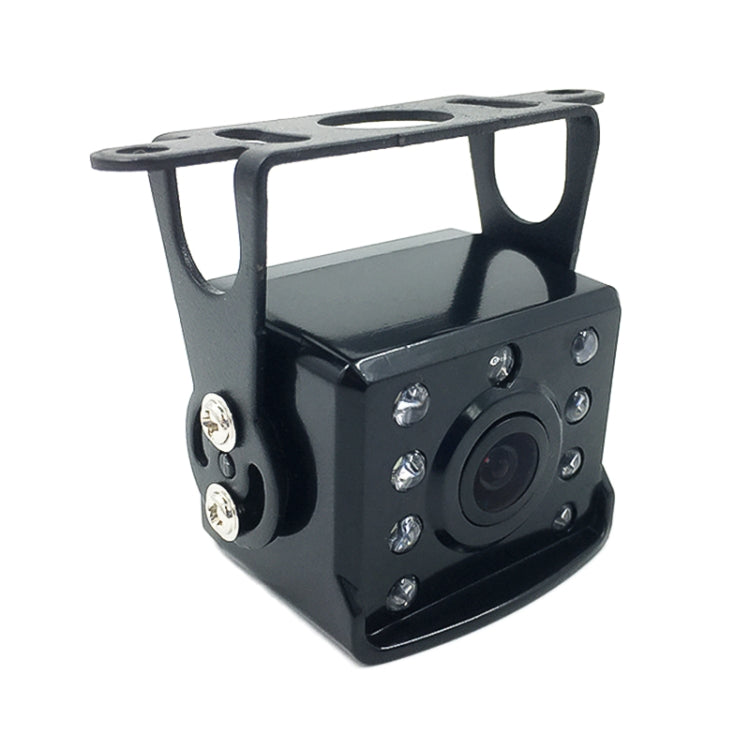 Night vision backup camera with mounting bracket, angled view of the front lens