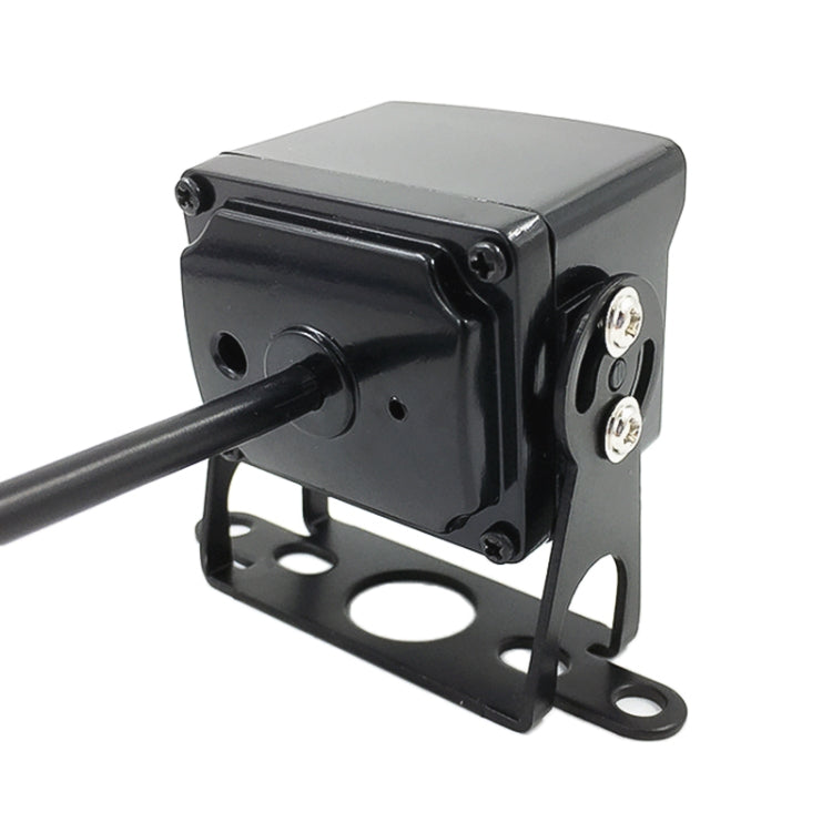 Night vision backup camera with mounting bracket and cable, rear side view of the housing