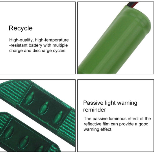 Green LED lamp beads on a solar road stud light with reflective lens panels