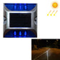 Solar LED road stud light with blue flashing lenses above and below solar panel