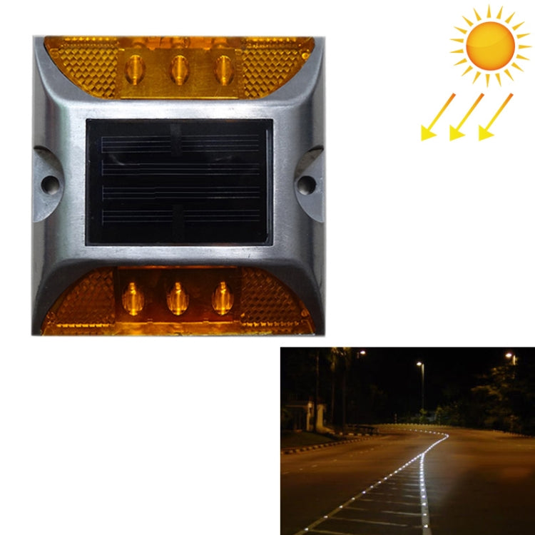 Solar square road stud light with square solar panel and three flashing amber LED lenses