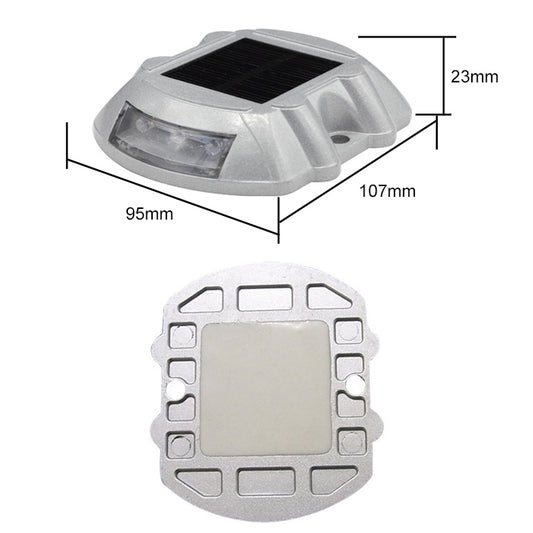 Solar road stud light with mounting plate and solar panel, front and back views