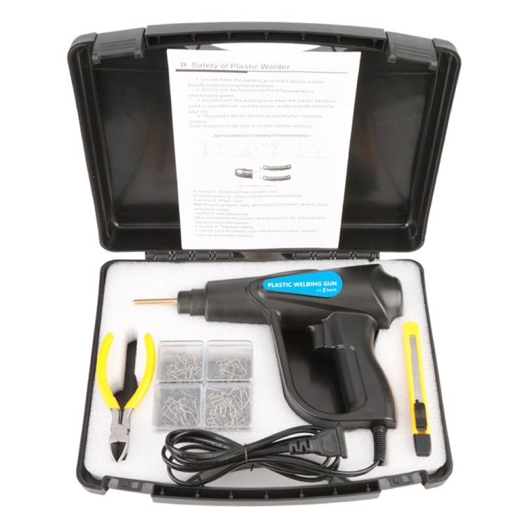 Plastic welding gun kit in black carry case with staples, tools, and cable