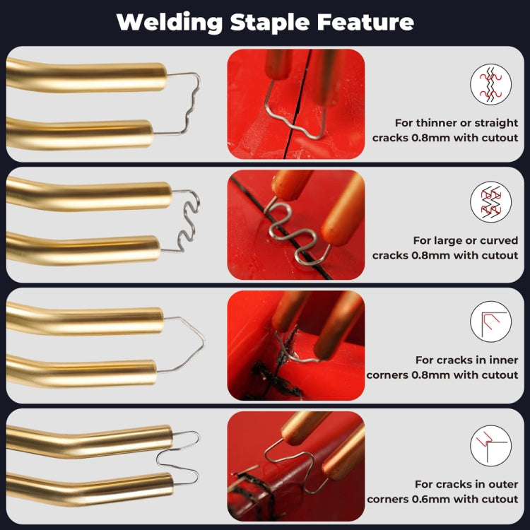 Plastic welding staple set for different crack and corner repairs