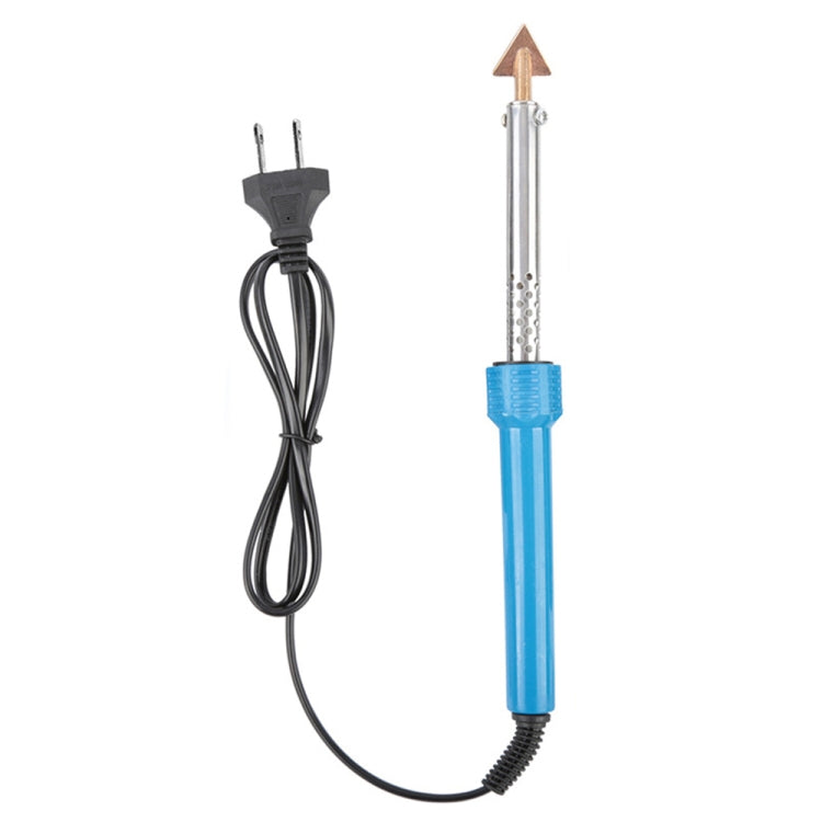 Plastic welding soldering iron tool with blue handle, silver rod, and grounded US plug
