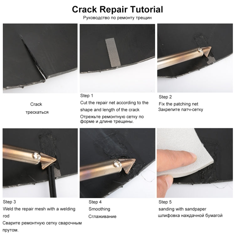 Crack repair tutorial showing welding tip and patch net steps for plastic bumper repair