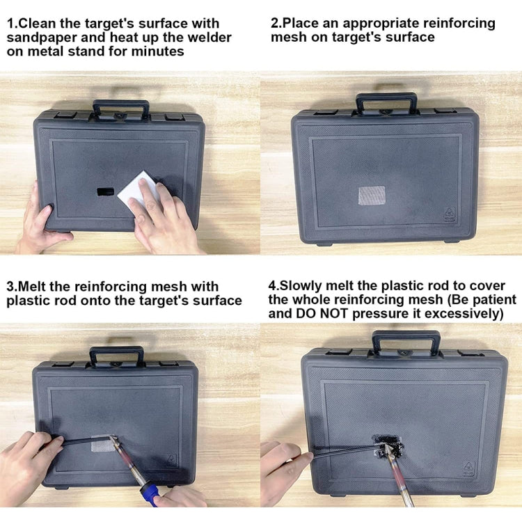 Plastic bumper repair instructions showing mesh reinforcement and melted welding rod