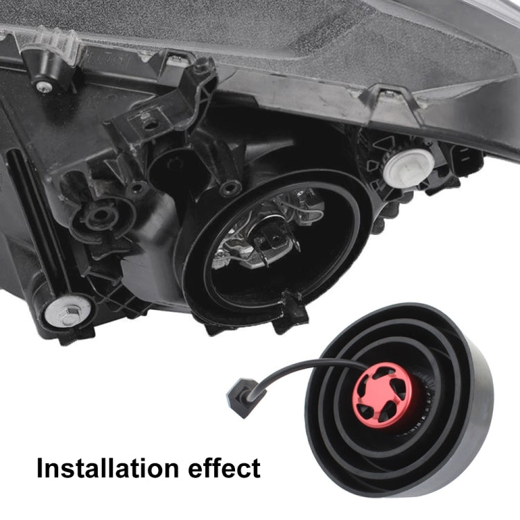 Headlight assembly with universal dust cover installed; inset shows round opening cover