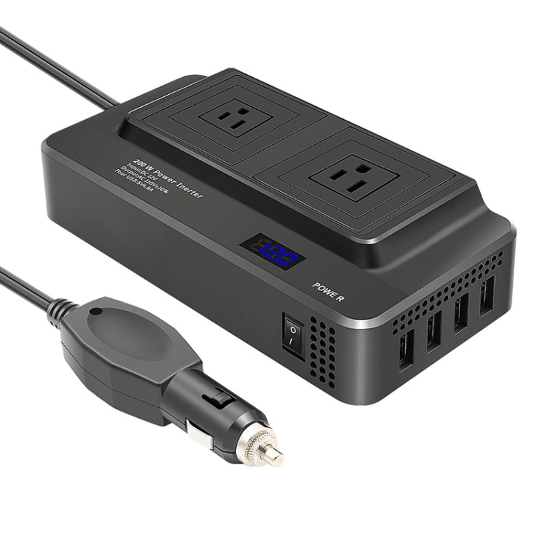 Car power inverter with two AC outlets and blue digital display, US plug, dark gray