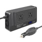 Compact car power inverter with two AC outlets, blue screen display, dark gray