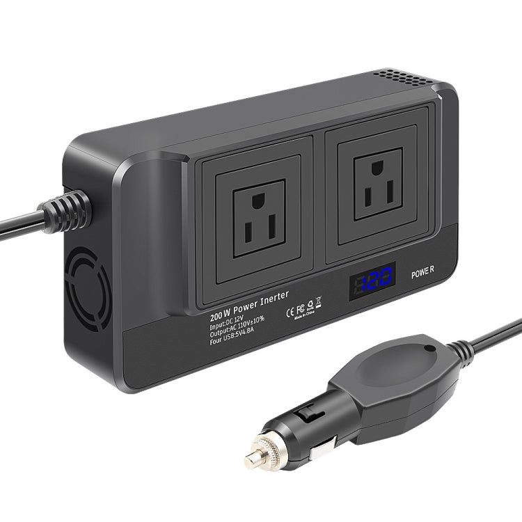 Compact car power inverter with two AC outlets, blue screen display, dark gray