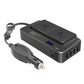 Car power inverter with two AC outlets, blue digital power display, connected plug