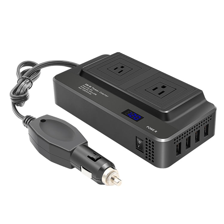Car power inverter with two AC outlets, blue digital power display, connected plug
