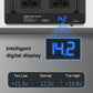 Car power inverter close-up with blue digital voltage display reading 14.2