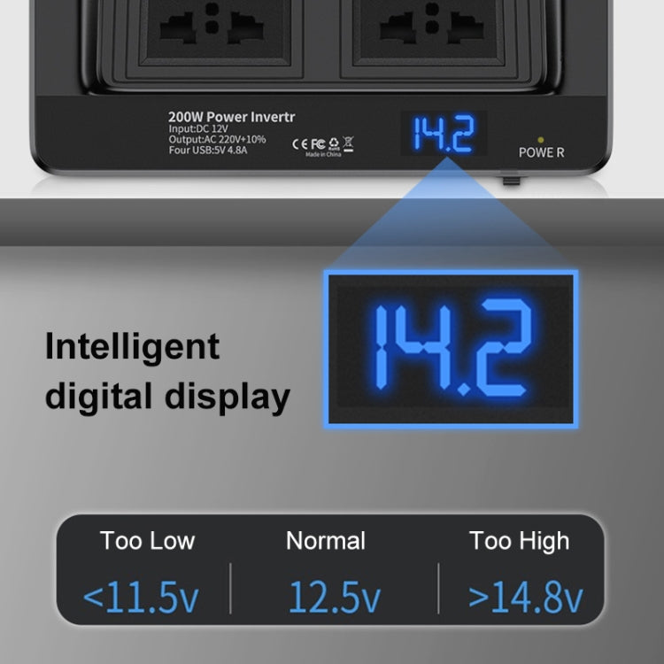 Car power inverter close-up with blue digital voltage display reading 14.2
