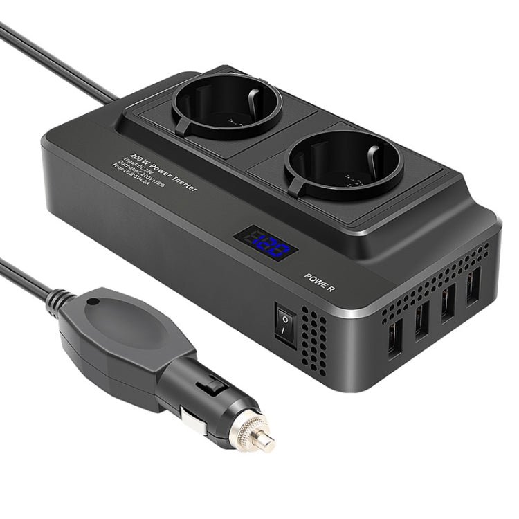 Car power inverter with two AC outlets, blue digital display, and DC plug cable