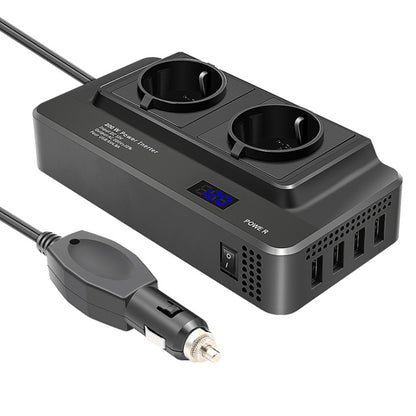 Car power inverter with two AC outlets, blue digital display, and DC plug cable