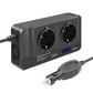 Car inverter front view with two AC outlets, blue power display, and DC input plug