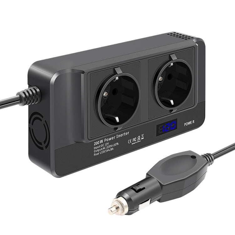 Car inverter front view with two AC outlets, blue power display, and DC input plug