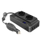Car power inverter with dual AC outlets, blue digital readout, and cigarette-lighter style cord