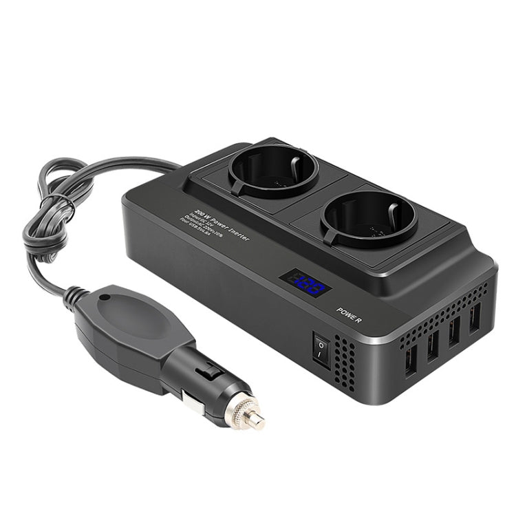 Car power inverter with dual AC outlets, blue digital readout, and cigarette-lighter style cord