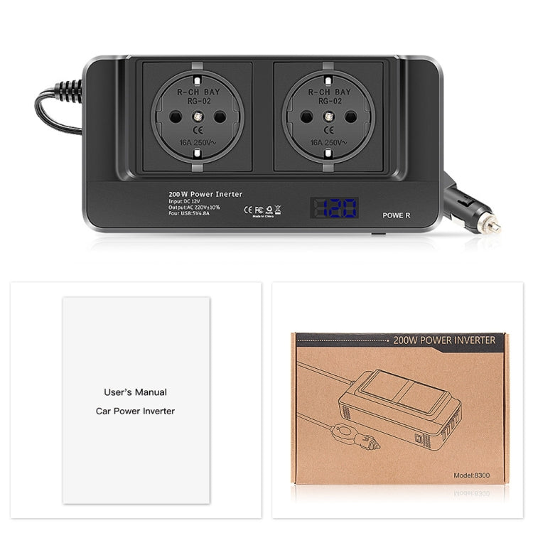 Car inverter with two AC outlets on top, blue power display, and side DC connector