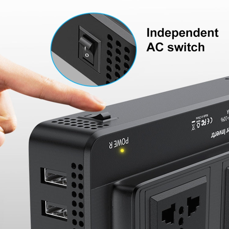 Car inverter top with independent AC switch and vented side panel for airflow