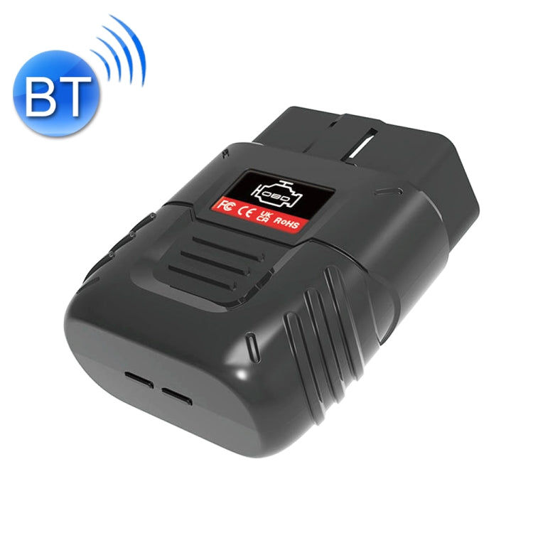Car OBD2 Bluetooth diagnostic scanner, black handheld with BT wireless icon.