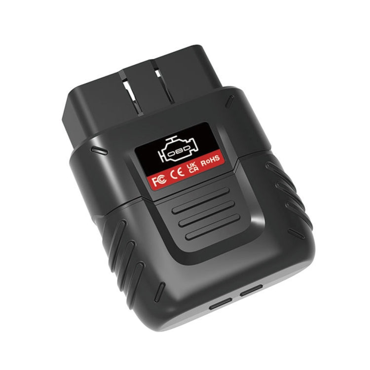 Car OBD2 Bluetooth diagnostic scanner, black casing with labeled center panel.