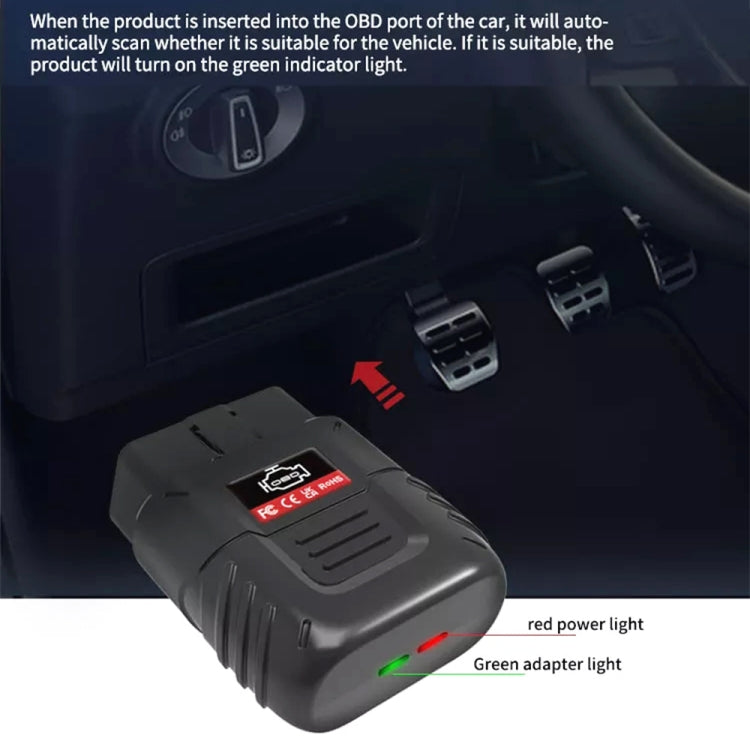Car OBD2 Bluetooth scanner, black unit with red power light and green adapter light.