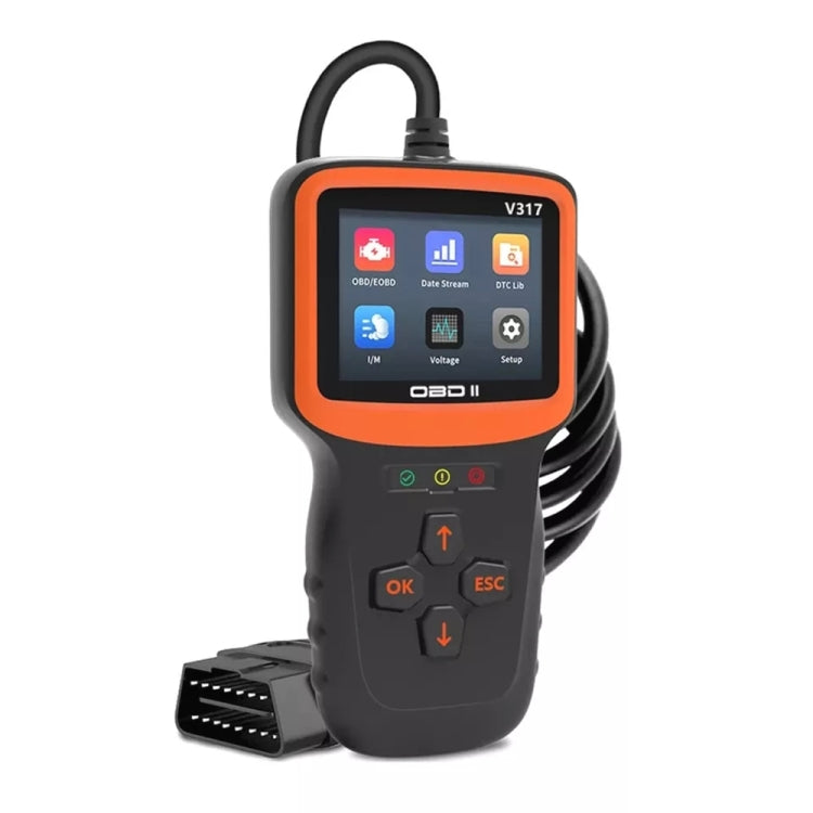 OBD2 V317 automotive diagnostic scanner with orange screen and black body
