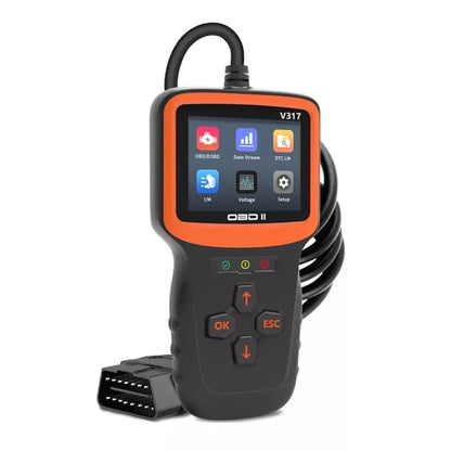 OBD2 V317 automotive diagnostic scanner with orange screen and black body