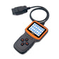 Handheld OBD2 scanner with cable, orange display, and black control buttons