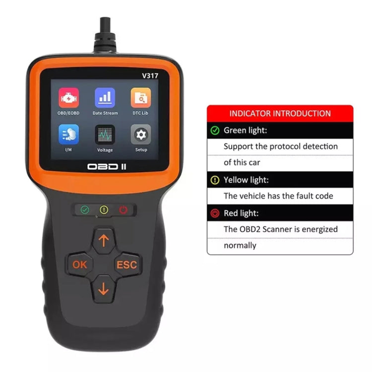 OBDII V317 diagnostic code reader with orange-bordered screen and keypad