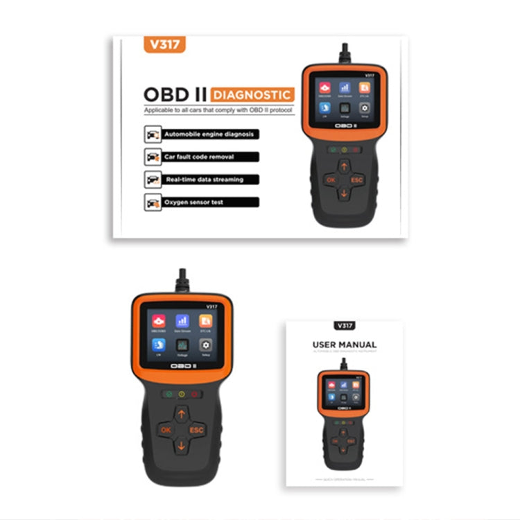 OBD2 V317 diagnostic scanner with included user manual and product box