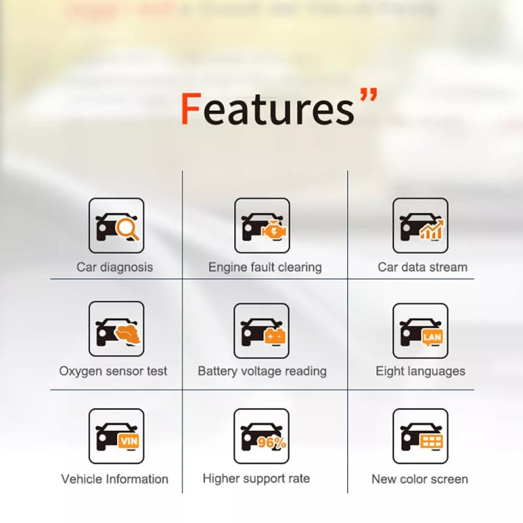Feature icons for an OBD2 V317 diagnostic scanner on a graphic screen