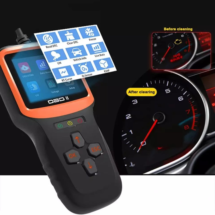 OBD2 V317 code reader showing diagnostic menu on orange screen