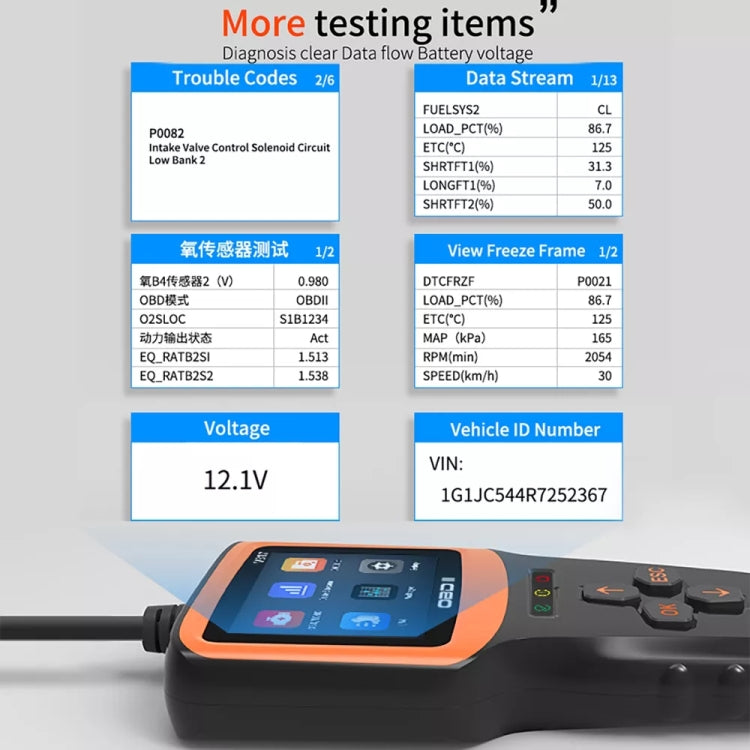 OBD2 V317 diagnostic scanner displaying test results and voltage details