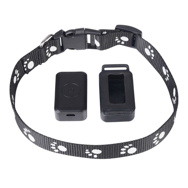 Pet GPS tracker collar set with black paw strap, clasp, and two black module holders