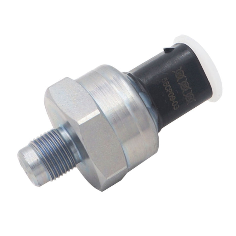 Car brake pressure sensor, side view with silver hex housing and black wiring plug