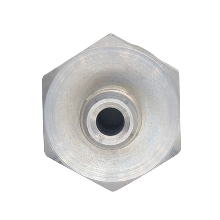 Car brake pressure sensor, rear view of silver hex housing and central mounting bore